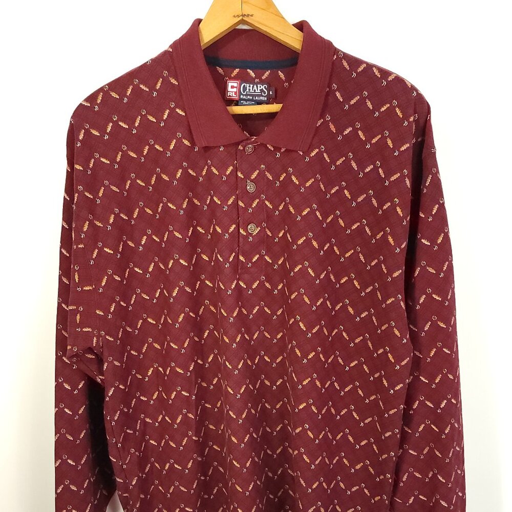 Chaps Ralph Lauren Polo Shirt Men's XL Long Sleeve Burgundy Geometric